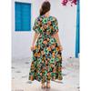 Women's Bohemian Vacation Style Printed Deep V Short-sleeved Dress Cinched Waist Beach Dress