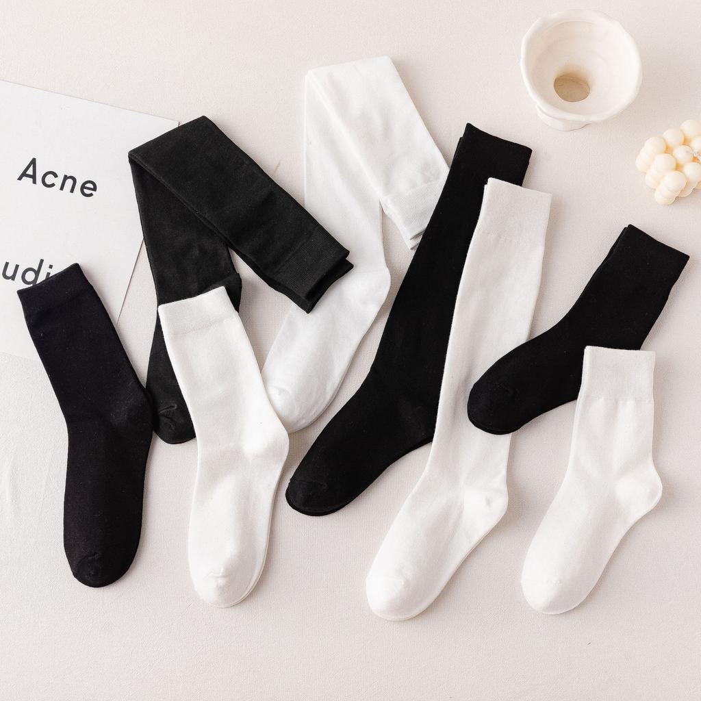 Black And White Socks Women'S Autumn And Winter Tube Socks Japanese Solid Color Calf Socks Cotton Korean Version Knee Socks Zhuji Socks Wome
