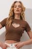 Women's Blouse New Season Fashion Brown Crew Neck Heart Embroidery Half Sleeve Knitted Crop Blouse