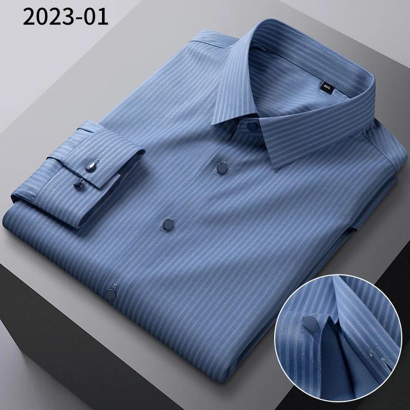 Bamboo fiber elastic plaid casual long sleeve shirts for men slim fit formal shirt soft easy-care fashion korean office clothes