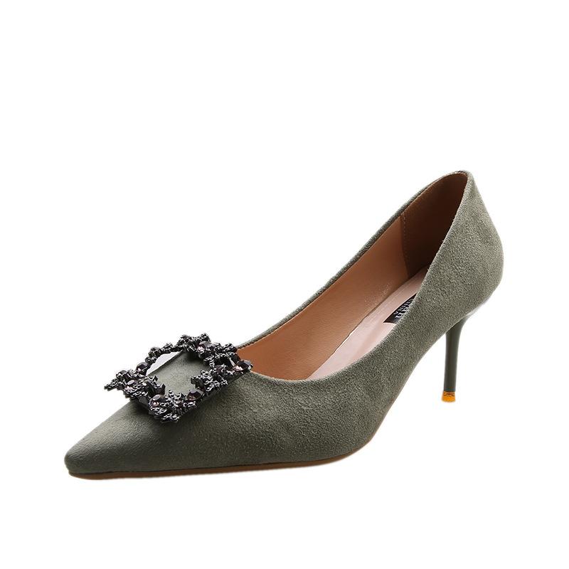 Rhinestone High Heels Women's New Professional Thin Heel Temperament Pointed Women's Shoes Metal Square Buckle Single Shoes