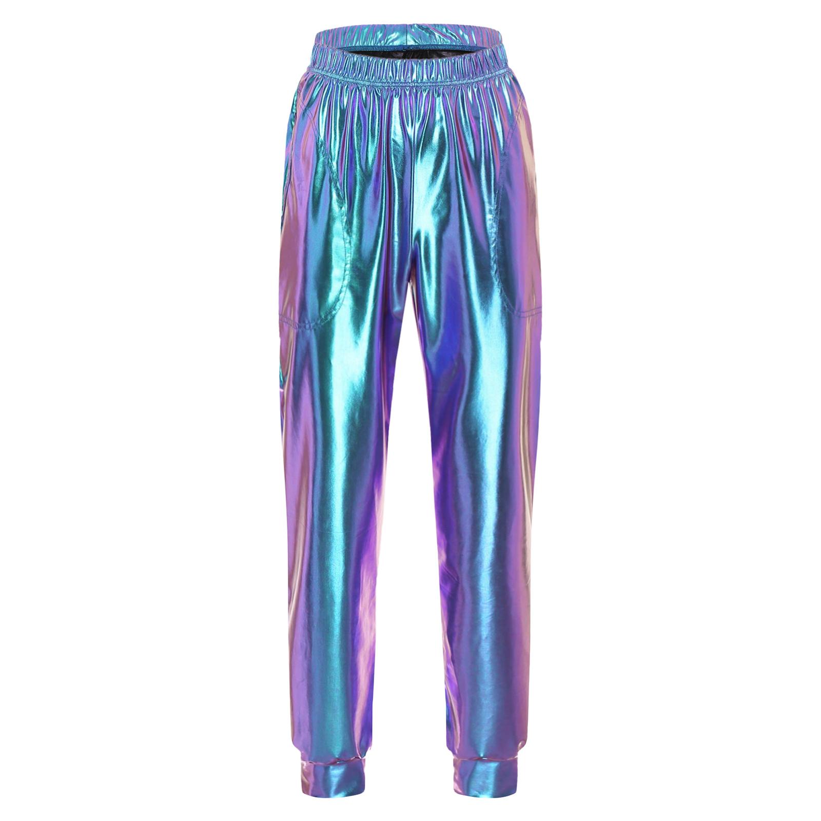 

Women Metallic Dance Pants High Waist Elastic Waistband Loose Fit Sport Pants Shiny Sheen Modern Trousers XXL синій