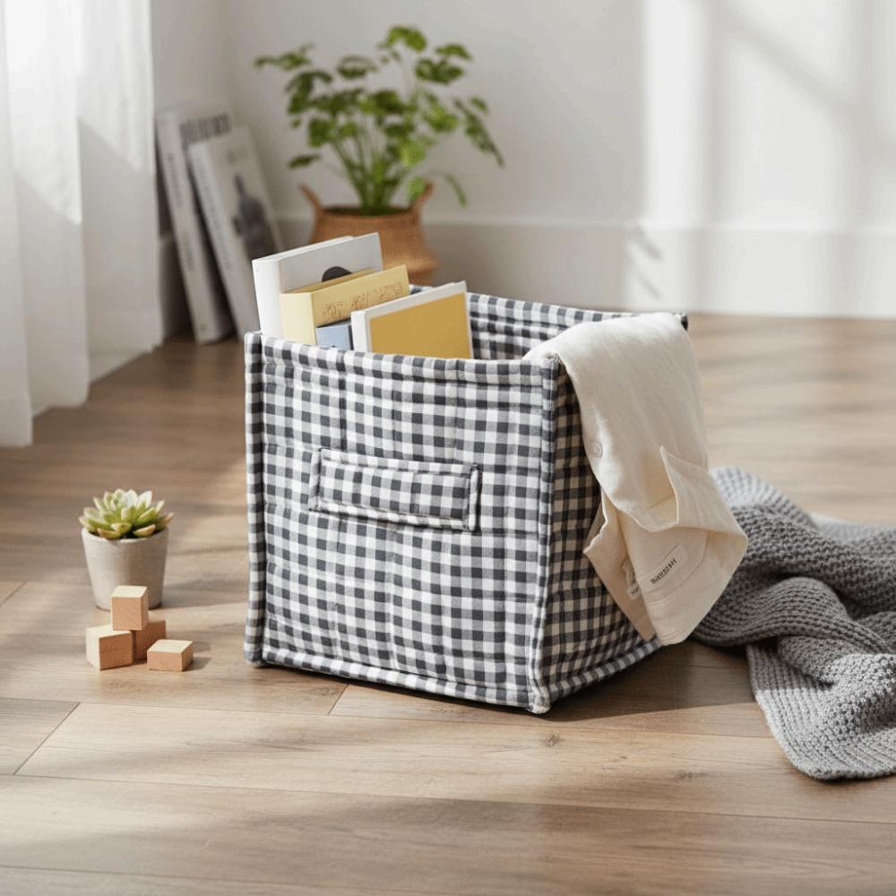 Quilted Fabric Desktop Storage Box Plaid Print Underwear Socks Storage Basket Makeup Organizer