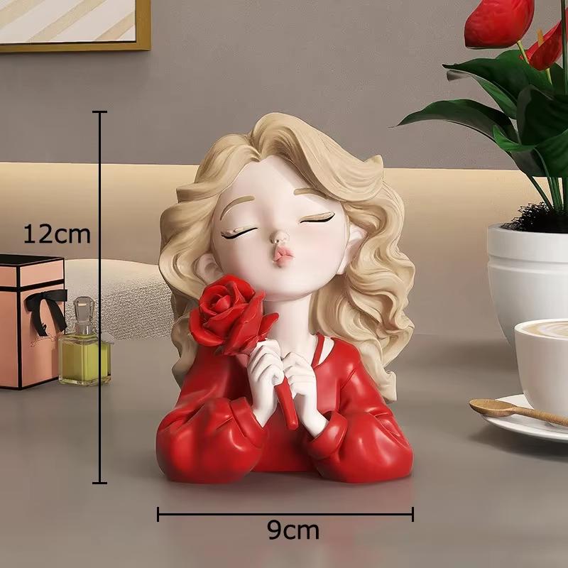 Wavy Blonde Hair Girl Figures Rose Flower Statue Desk Decoration Exquisite Character Resins Sculpture Room Aesthetics Decor
