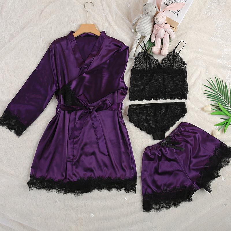 Plus Size Women's 4-Piece Lace Pajama Set: Robe, Shorts, and Camisole In European & American Style