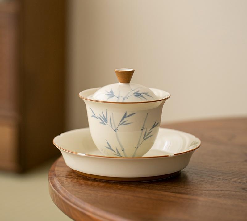 125ml Hand-painted Persimmon Bamboo Cover Bowl Household Anti Scald Gaiwan Handmade Tea Tureen Tea Making Tea Cup Tea Items Orna