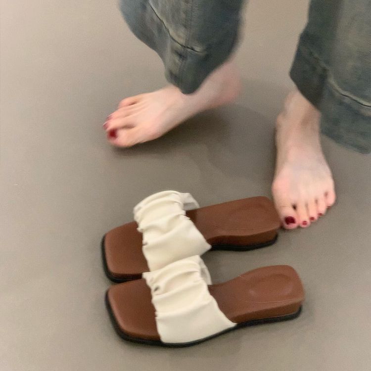 Beautiful temperament fairy style square head pleated open toes super versatile one-word slippers female slope heel soft bottom comfortable slippers