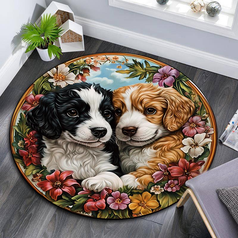 Two Cute Puppies Round Area Rug,Carpet Rug for Living Room Bedroom Sofa Playroom Decor,Non-slip Floor Mat