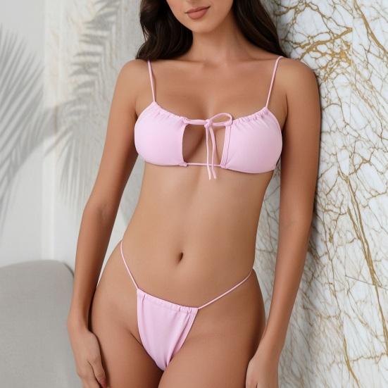Ensemble Bikini Femme 2 Pièces Sexy Coupe Écartée Cordon de Serrage Dentelle Soutien-gorge Haute Élasticité Bas de Maillot de Bain Taille Basse Ensemble Séchage Rapide Maillot de Bain Polyvalent