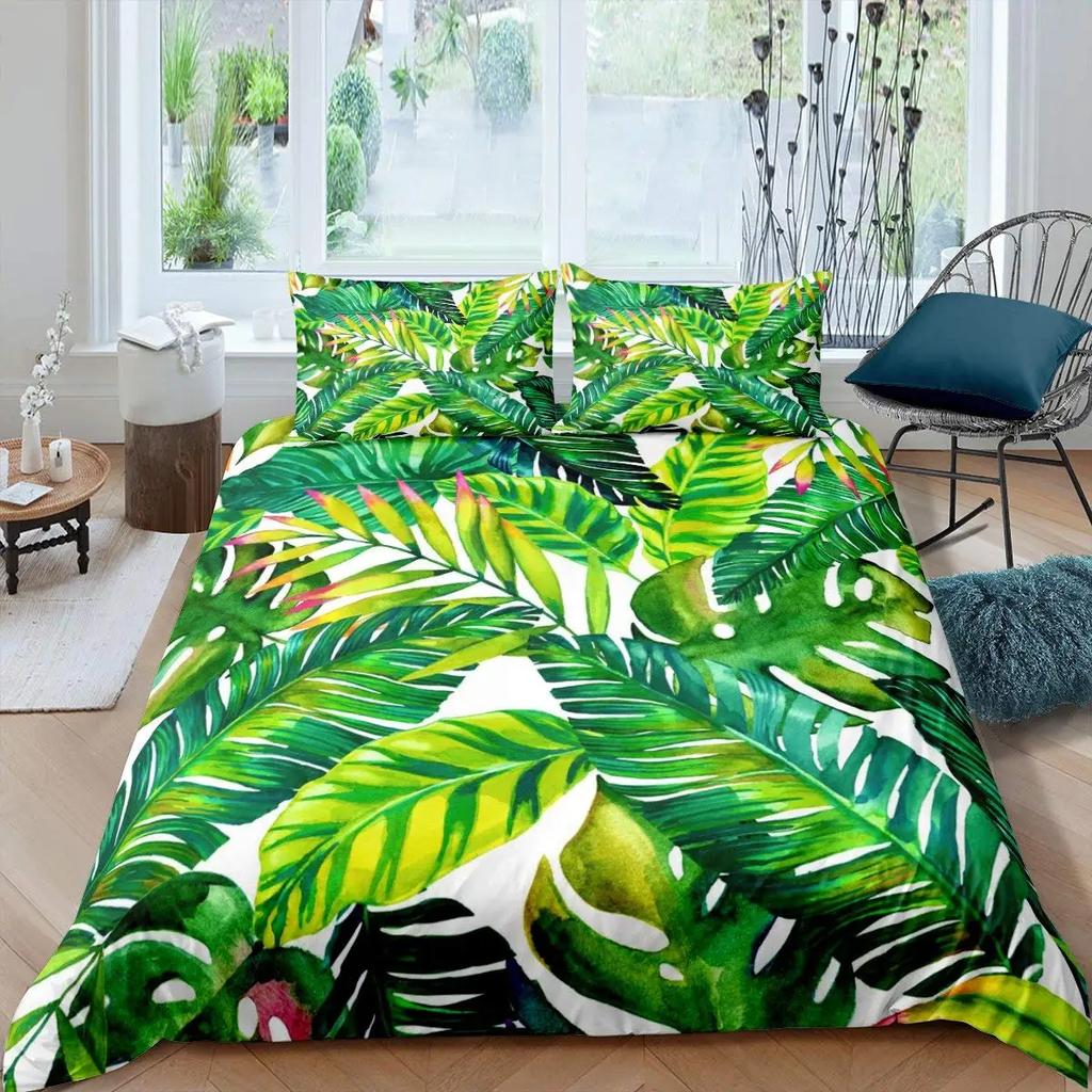 Palm Leaves Duvet Cover King Full Banana Leaves Bedding Set Hawaiian Tropical Leaves Green Branches 2/3Pcs Polyester Quilt Cover