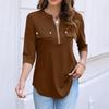 Women's Casual Fashion Polo Collar Half Zip Three Quarter Sleeve Top with Faux Pockets Relaxed Fit Lightweight Blouse