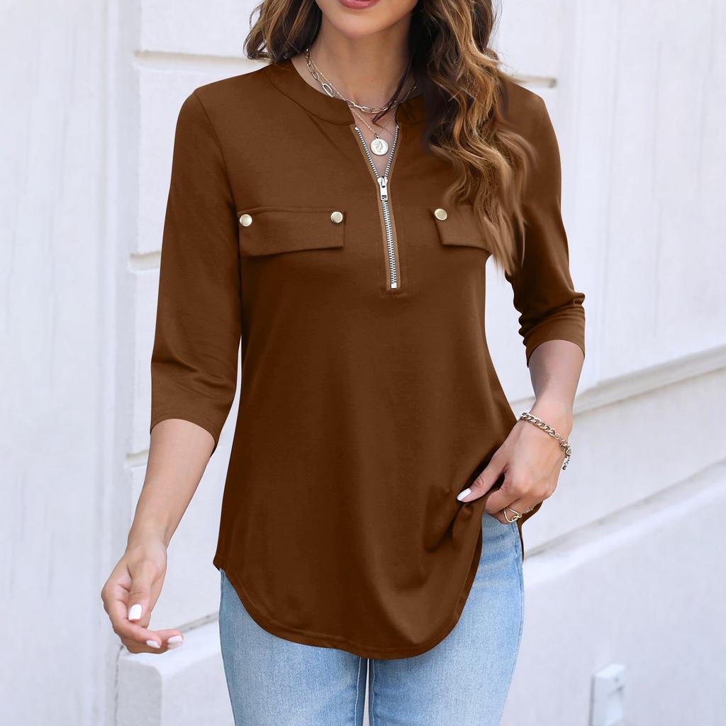 Women's Casual Fashion Polo Collar Half Zip Three Quarter Sleeve Top with Faux Pockets Relaxed Fit Lightweight Blouse