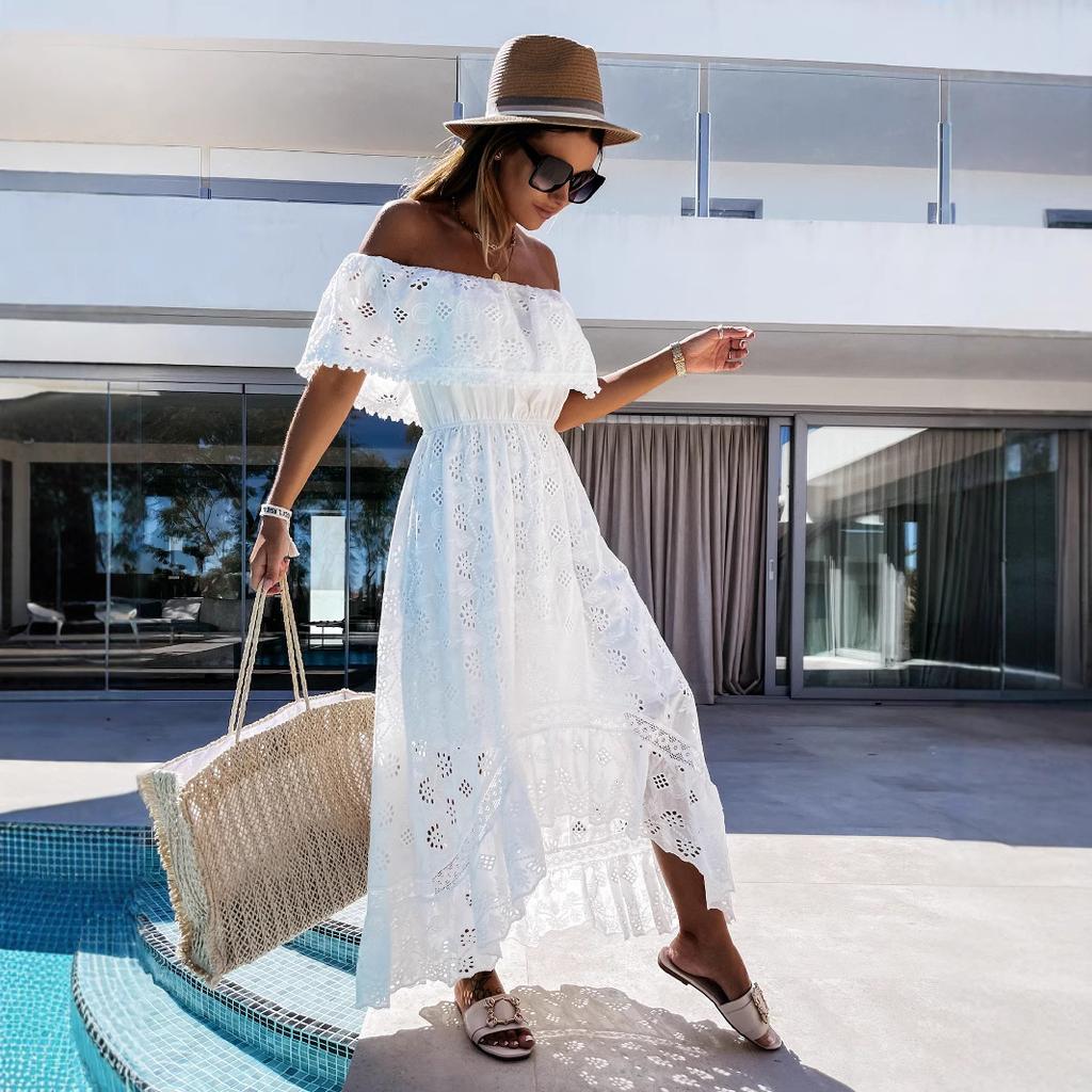 Abito Lungo Bianco Bohemien da Donna Manica Corta Scollo a Barca Pizzo Ruffle Ampio Abito Estivo Vacanza Spiaggia Abiti Casual Femminile