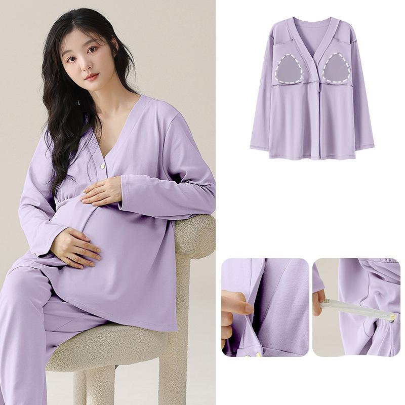 Cotton Maternity Sleepwear with Breast Pads, Pregnant Women, Postpartum Women, Breastfeeding, Spring and Autumn Home Clothing Set