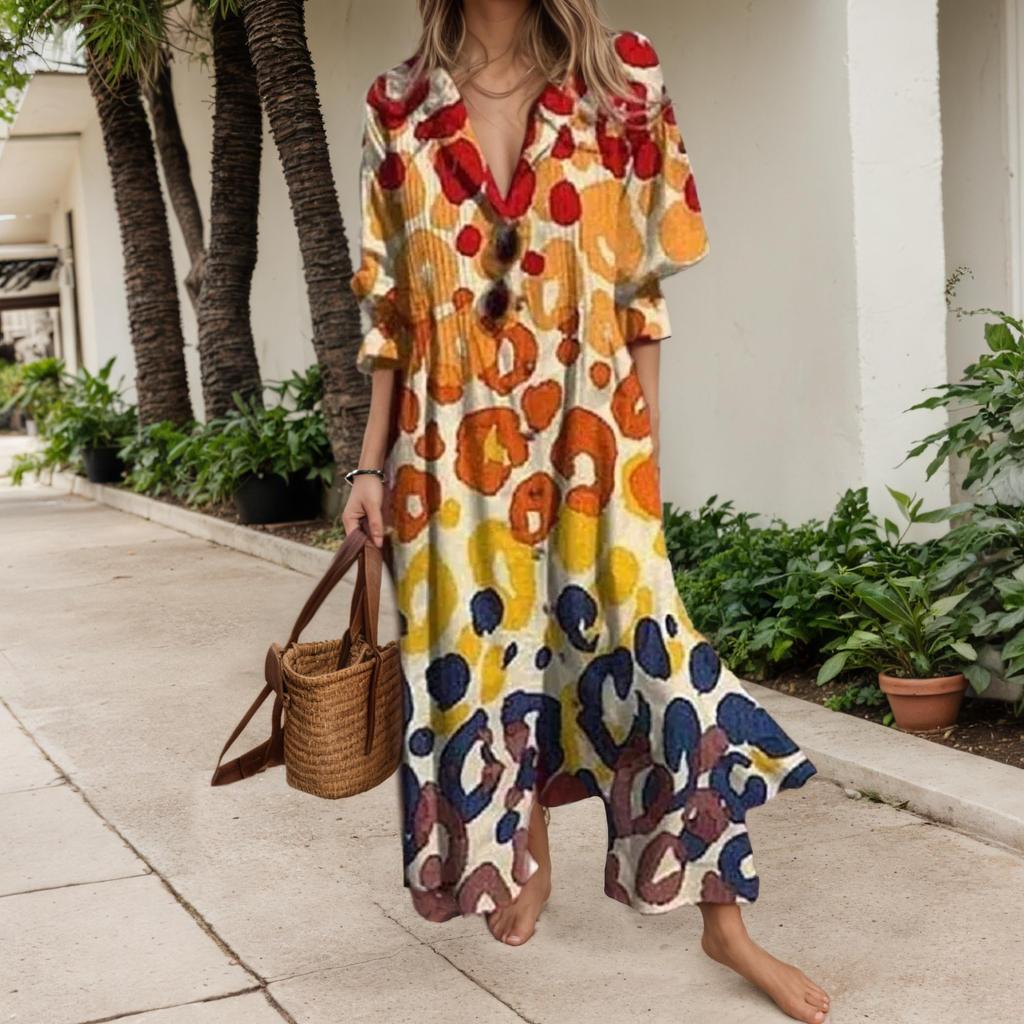 Abito Lungo da Donna a Maniche Lunghe con Bottoni Stampa Floreale Abiti Camicia Lunghi e Svasati Abito Estivo