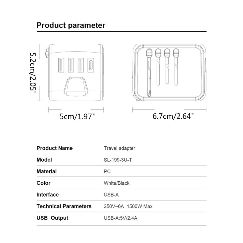 Napájecí adaptér, celosvětový univerzální adaptér, 3 USB zástrčky do zásuvky