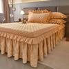 3pcs Luxurious European Quilted Crystal Velvet Bed Skirt Set with Lace Trim - Warm, Thick, Non-Slip, Includes 2 Pillow Shams and 1 Bed Skirt