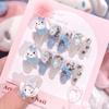 24Pcs Pink French Leopard Hello Kitty False Nails 3D Y2k Star Heart Kitty Cat Rhinestones Press On Nails Cute Cartoon Fake Nails