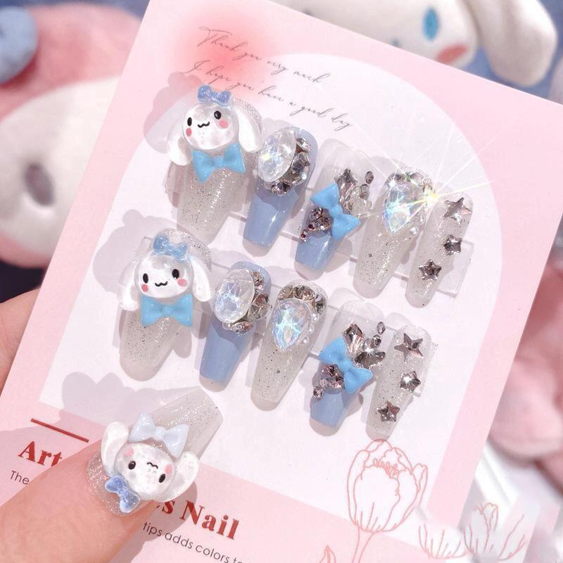 24Pcs Pink French Leopard Hello Kitty False Nails 3D Y2k Star Heart Kitty Cat Rhinestones Press On Nails Cute Cartoon Fake Nails