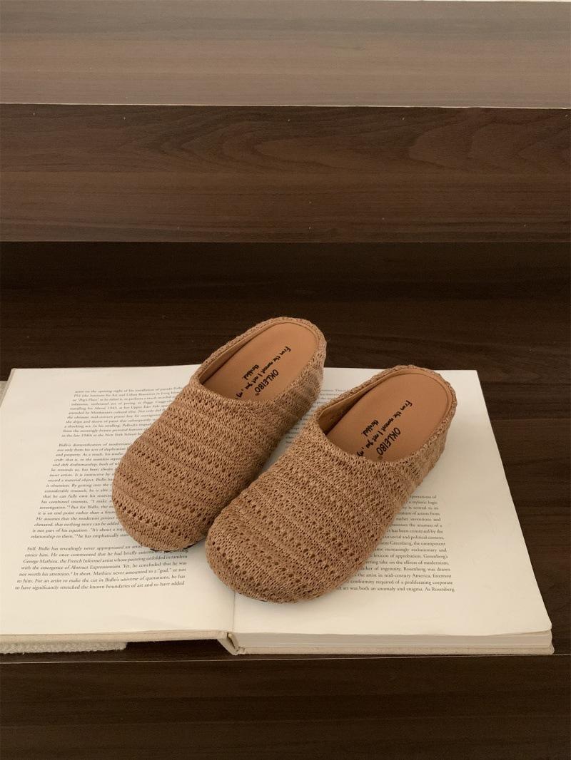 

Niche casual hand-woven hollow breathable bag head half slippers women s autumn wear Roman style thick-soled muller shoes 39 коричневый