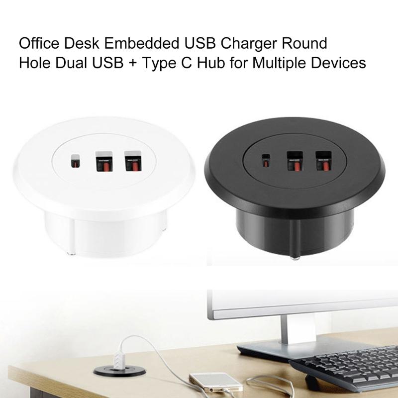 USB Desk Grommet Hole Charging Hub with Two USB & Type C Port Round Embedded USB Adapter for Office Use