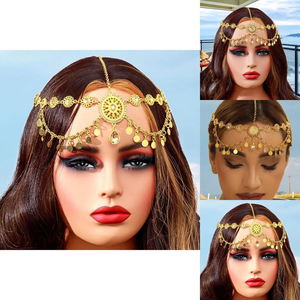 Arab Bridal Headpiece Gold Alloy Crystal Embellished Dangle Head Chain For Wedding And Gift