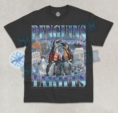 Penguins Against Tariffs T- Shirt Funny Penguin Island Political Graphic  Shirt