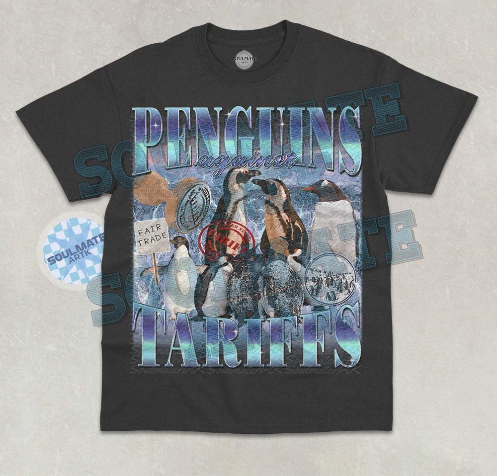 Penguins Against Tariffs T- Shirt Funny Penguin Island Political Graphic Shirt M