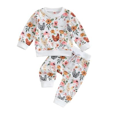 Toddler Baby Girl 2Pcs Fall Clothes Set 6M 12M 18M 24M 3Y Flower&Chick Print Long Sleeve Crewneck Tops Elastic Waist Pants Outfit