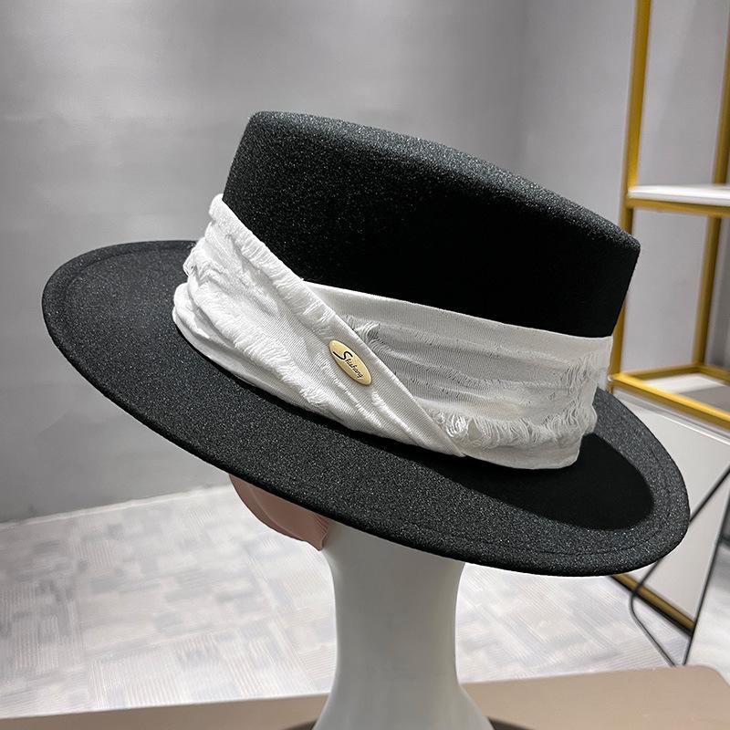 Spring and Autumn Versatile Women's Retro Wool Flat Top Hat British Style Literary French Elegant Temperament Top Hat