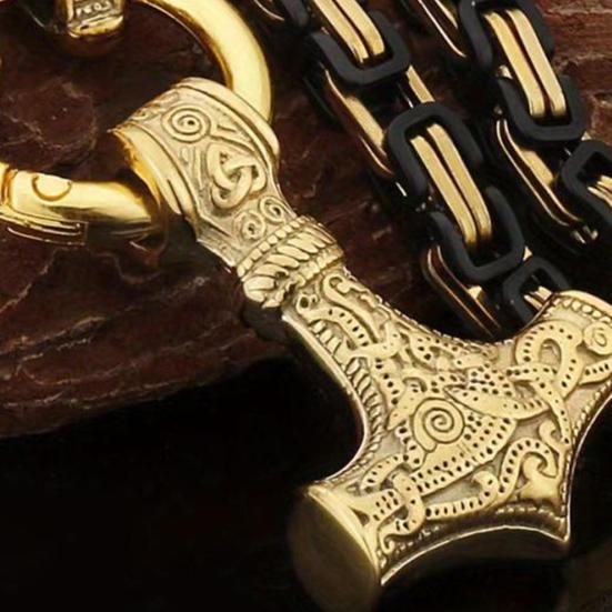 Men Necklace Retro Nordic Viking Style Hammer Wolf Head Pendant Amulet Thick
