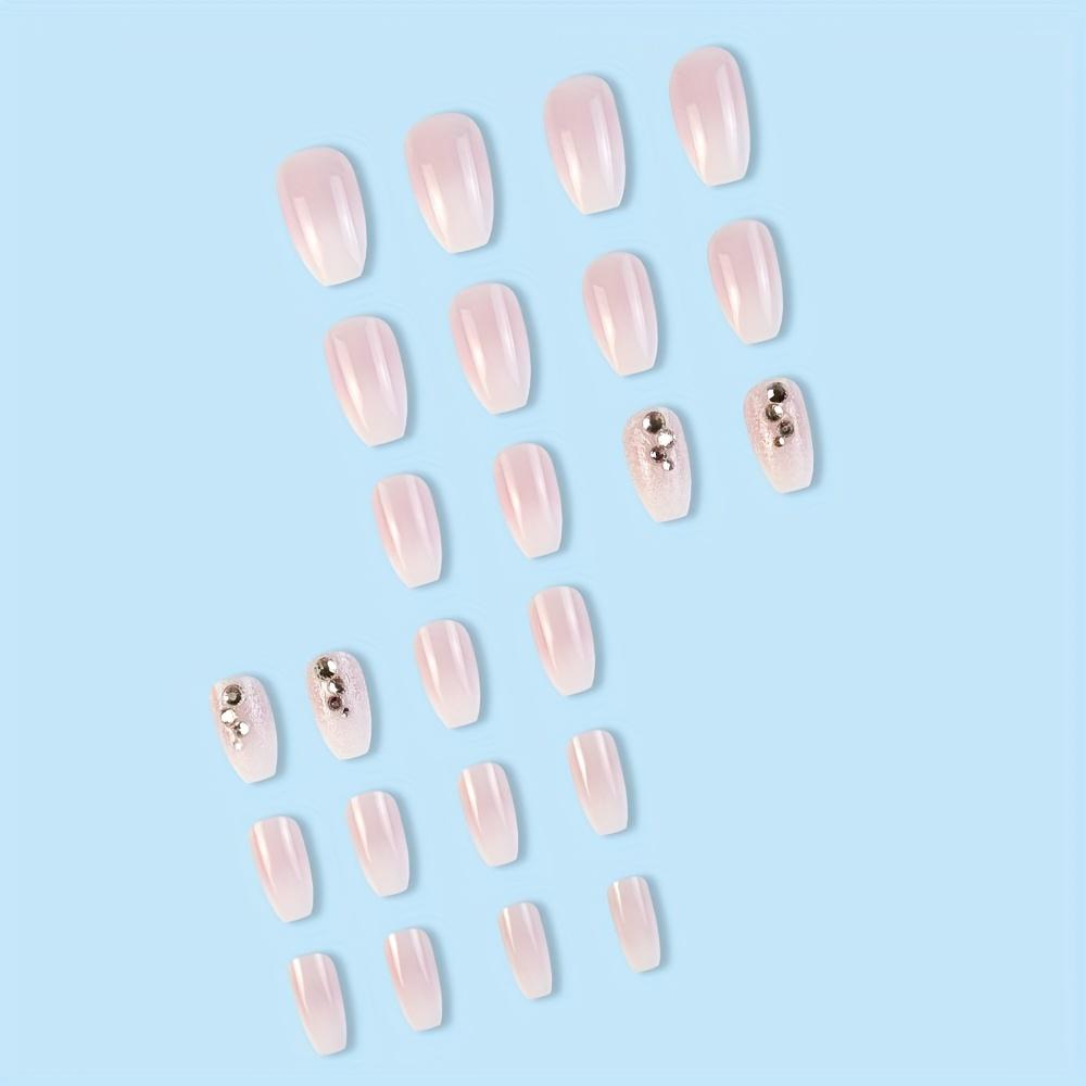 24pcs French Style Shiny White Pink Gradient with Rhinestones, Removable Fake Nails, Medium Size Square Wearable Nail Jelly Glue