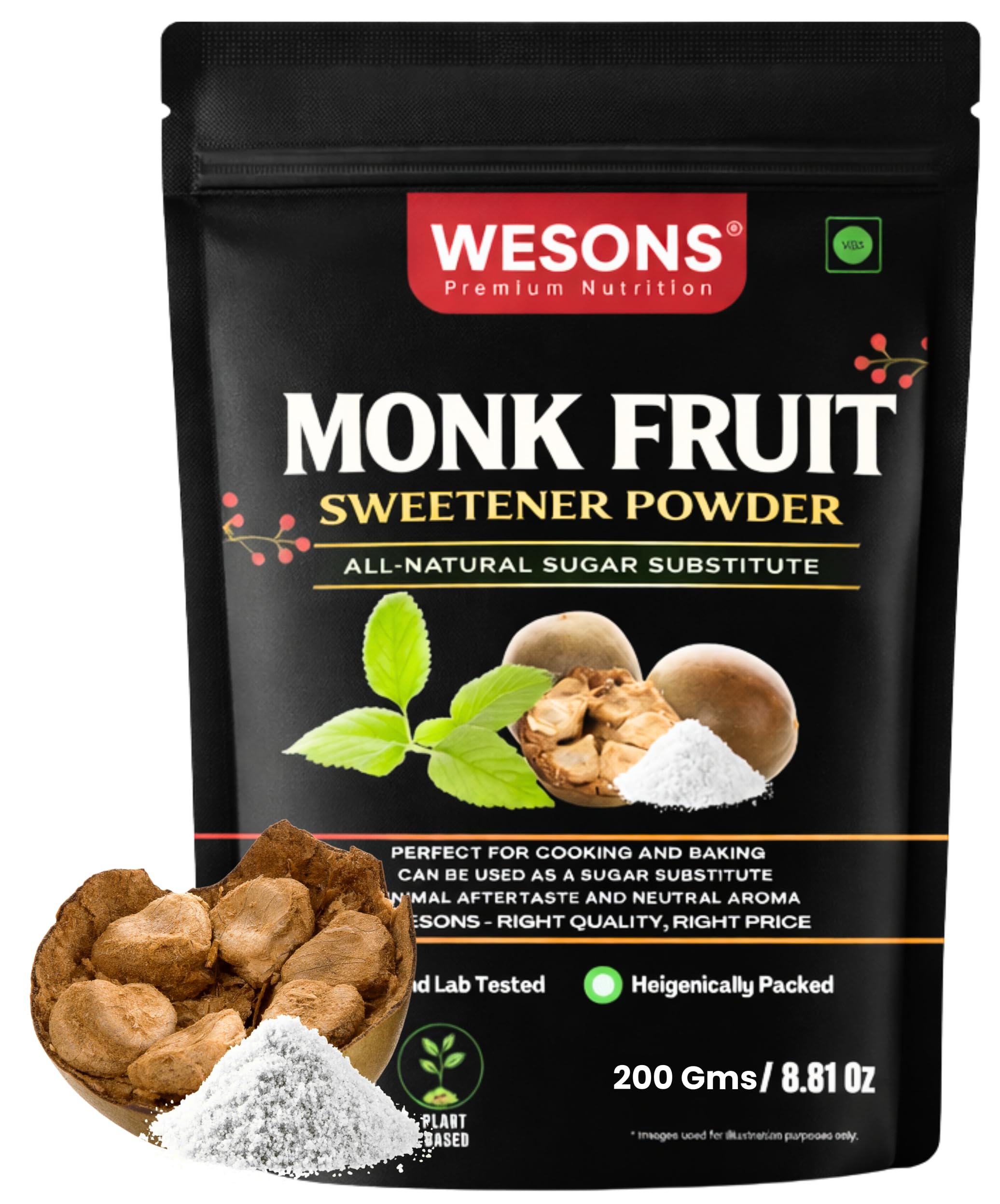 Wesons Monk Fruit Sweetener Organic (200 Grams) - 1:1 Pure Monk fruit Extract - Monk Fruit Sugar Organic - Sweetness Equal to Sugar