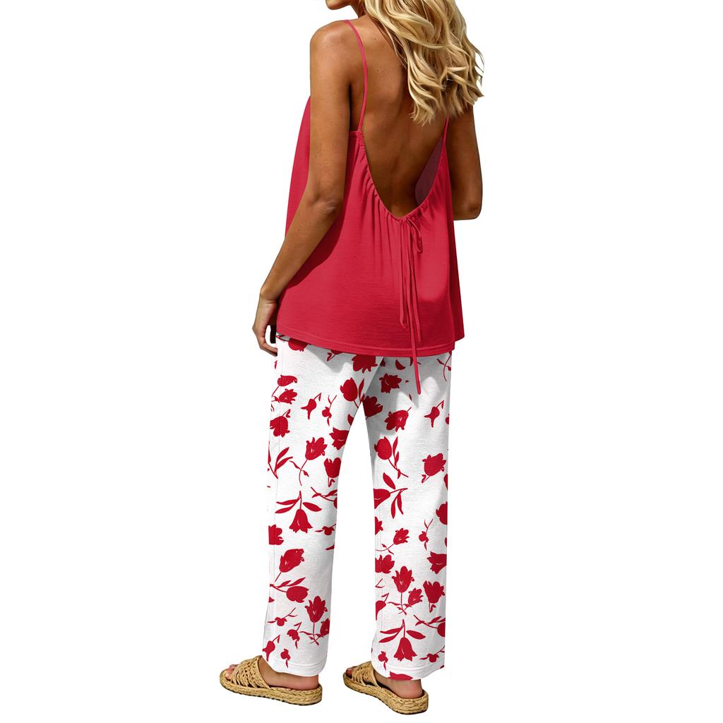 Women's Color Casual Two Piece Set, Backless Sleeveless Top and Elastic Waist Pants
