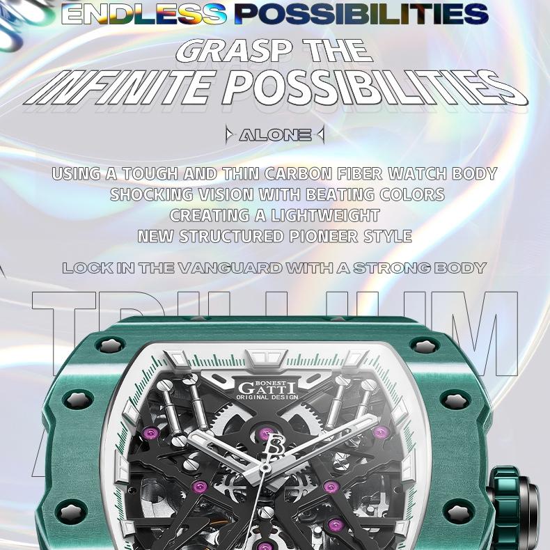 Bonest Gatti Herren Mechanische Uhr Leuchtend Kohlefaser