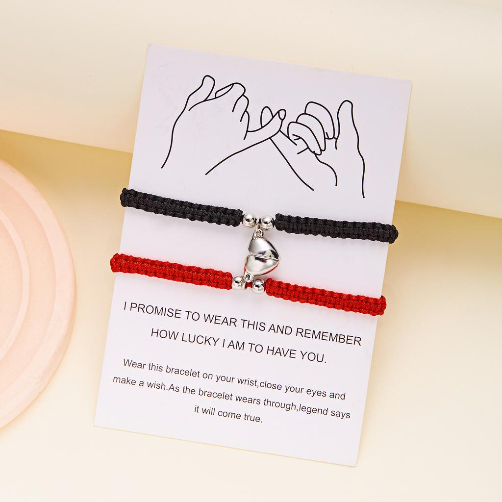 2 Pcs Lucky Red Braided Rope Bracelet for Women Men Romantic Heart Magnetic Matching Bracelets Lovers Valentine's Day Zircon