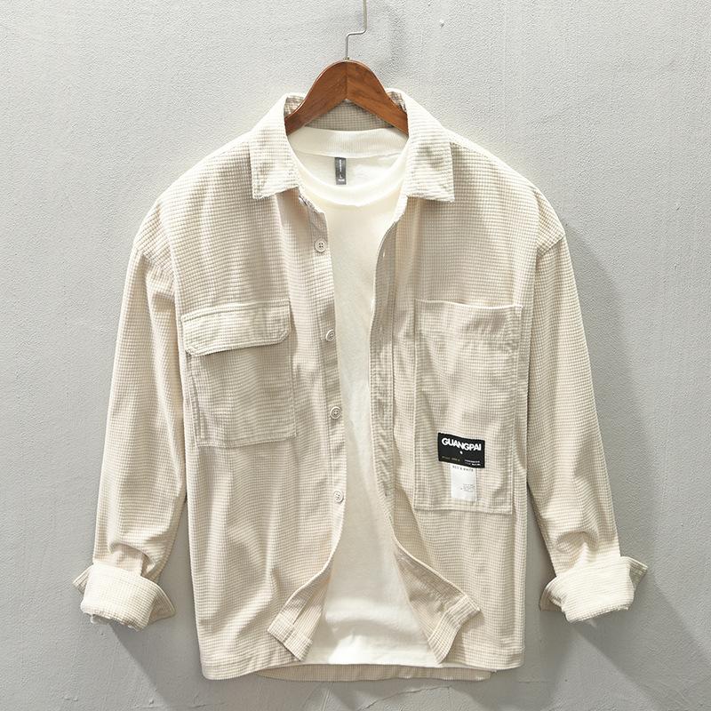 Spring Men Cargo Shirt Single-breasted Loose Solid Color Long Sleeves Chest Pockets Turn-down Collar Cardigan Soft Breathable Corduroy Workwear