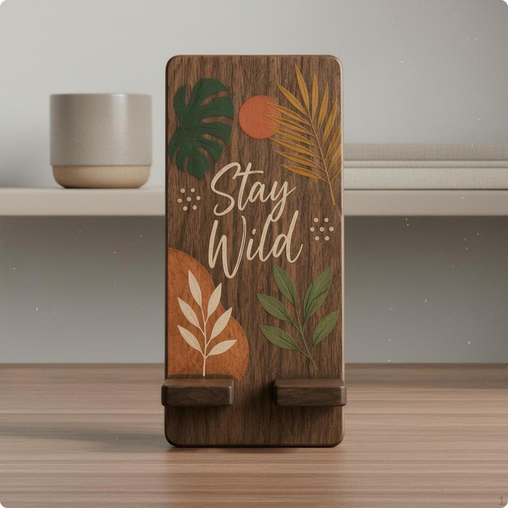 Desktop Phone Stand Vertical Walnut Compact Workspace Accessory