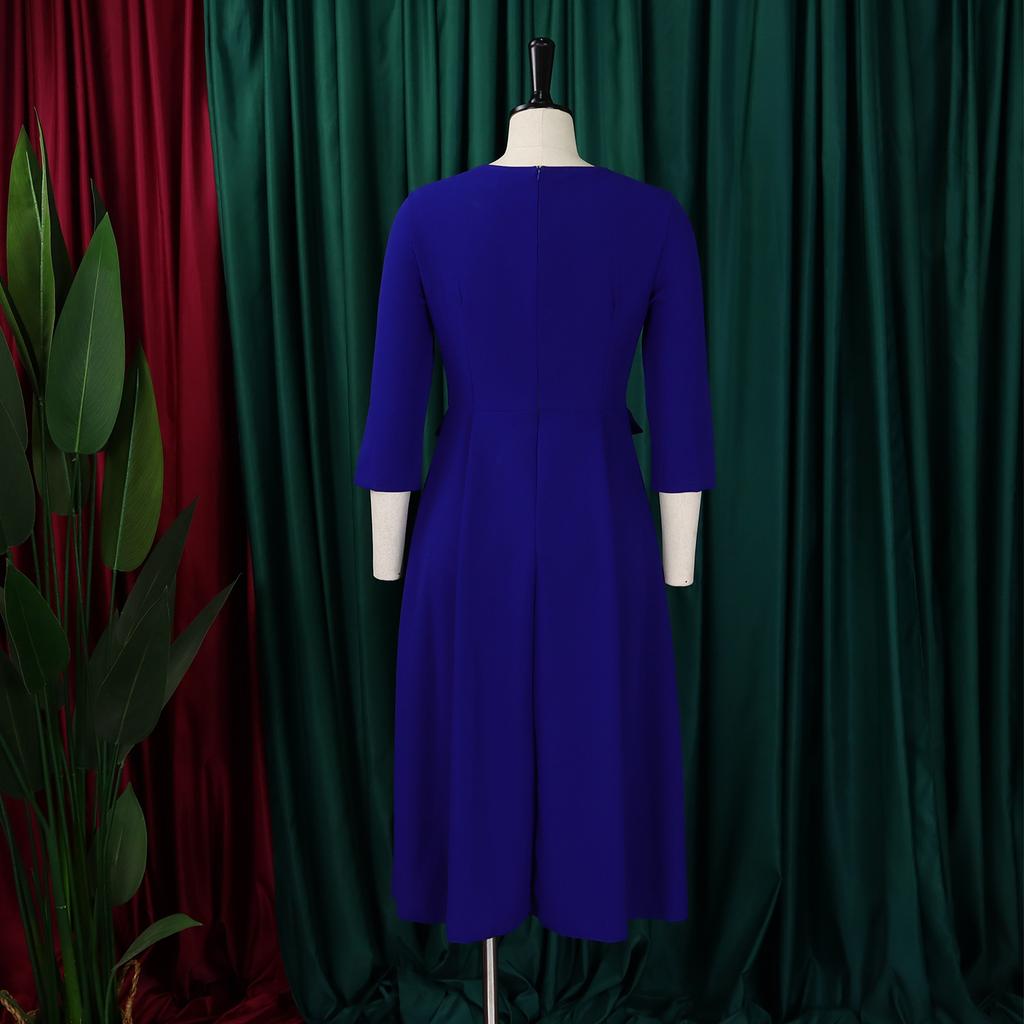 Fashion Women Solid Color Summer Dress Plus Size Cross Border African Dress Pleated Three Quarter Sleeves