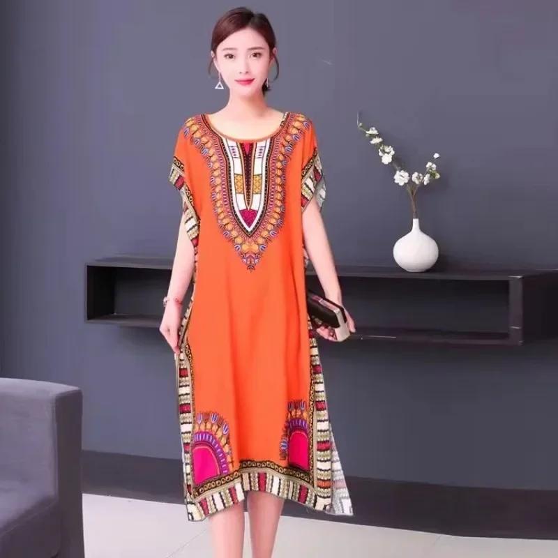 Bohemian National Style Leisure Holiday Beach Printed Poker Indonesia Floral O Neck Loose Midi Dress Pajamas Loungewear Woman