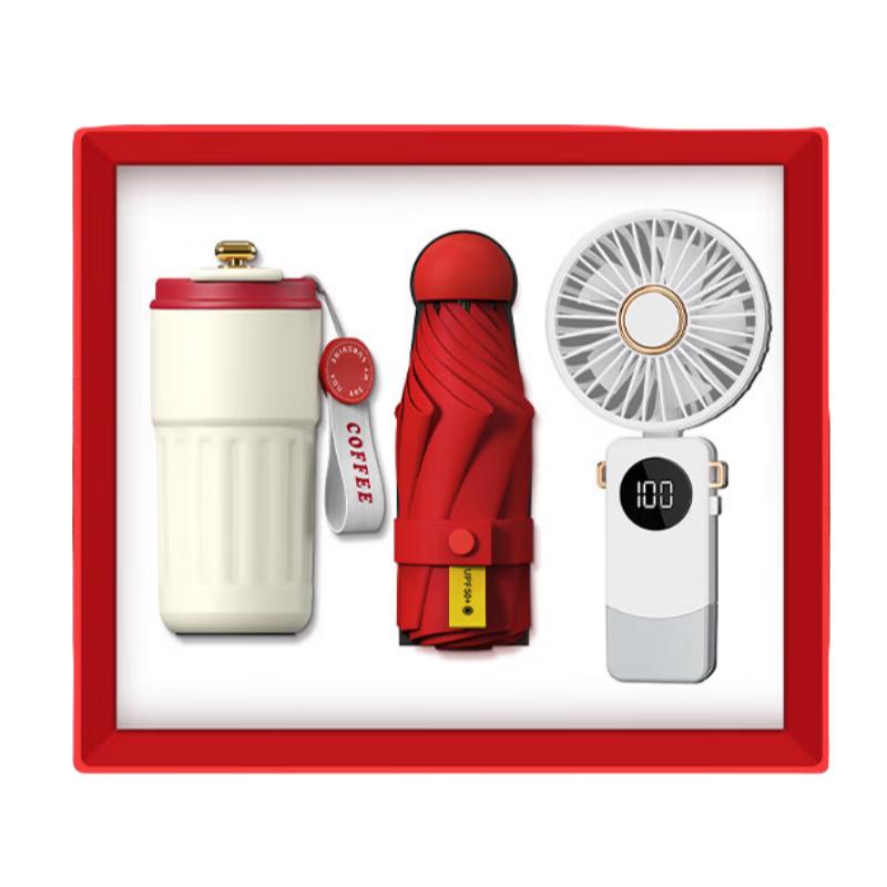 Red Coffee Cup Gift Set with Umbrella and Fan