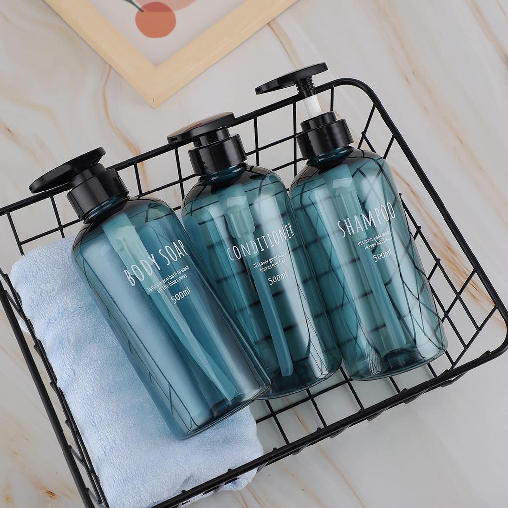 Segbeauty Shampoo Bottle Dispenser, Light Blue, Set of 3, 500ml, Large Capacity, Black, Round, Leak-Proof, Refillable, Stylish, for Bathroom, Washroom