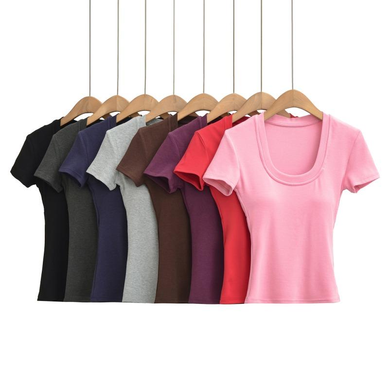 Spice girl u-neck short-sleeved t-shirt women's short with chest pad summer waist tight sexy t-shirt high waist bottoming shirt top