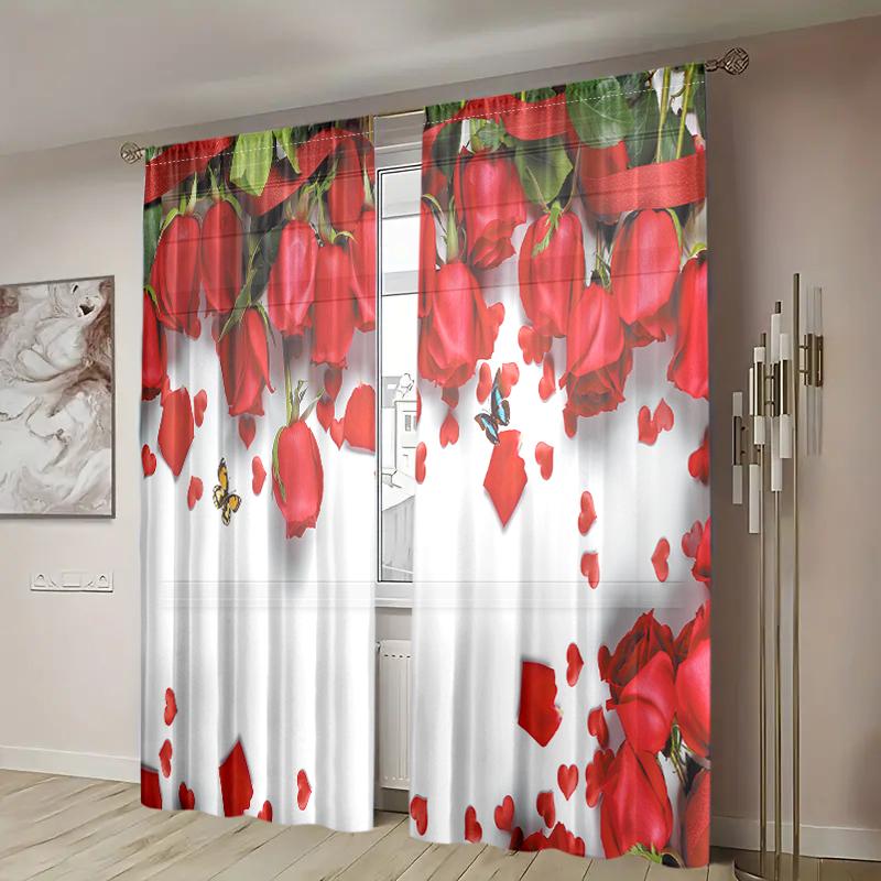 2 Stück, rote Rosenvorhänge -30% Verdunkelung - geeignet für Wohnzimmer, Schlafzimmer, Valentinstag Heimdekoration