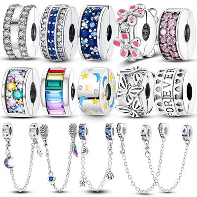 Clasp Charm Silver Plated CZ Safety Chain Clip Charm Daisy Beads Stopper Fit Original Bracelet Making Female DIY