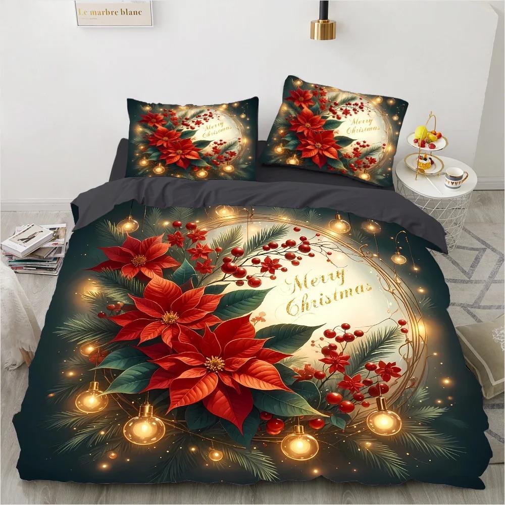 3D Christmas Santa Reindeer Print Duvet Cover Set, Soft Microfiber Winter Holiday Bedding Set With Pillowcases