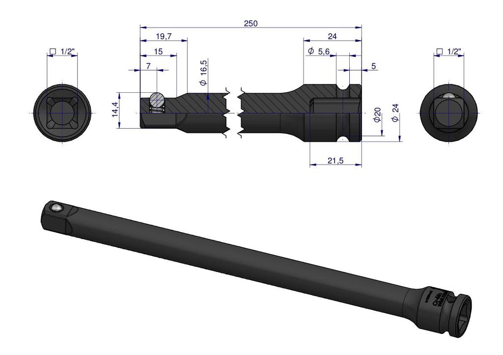 Extension for Impact Sockets 1/2" 250mm. CrMo. Waryński