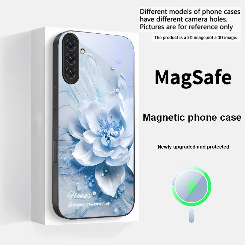 Flores azuis em flor Para Samsung S25 S25 Edge S25Ultra S8 9 10 20 S21 Pro 22 Plus S23 FE S24 Ultra Magsafe Capa de Vidro para Telefone