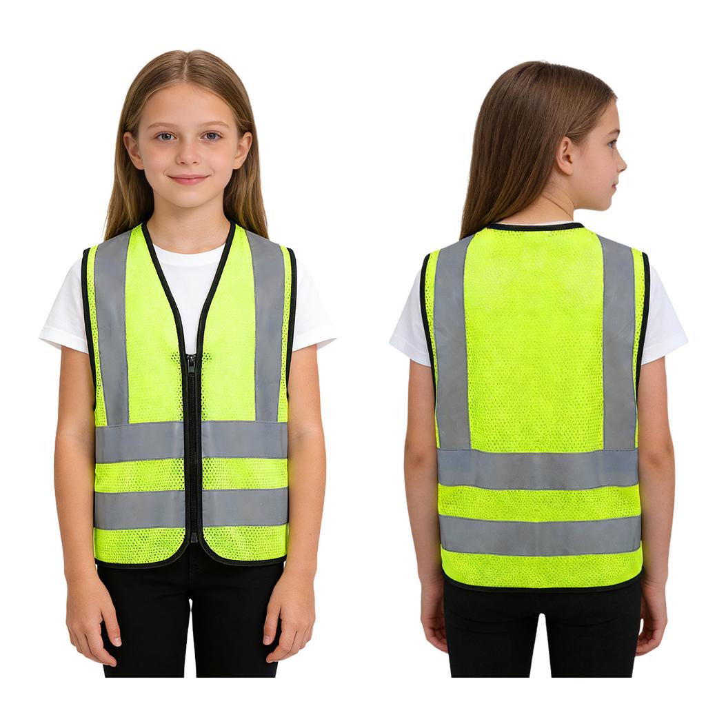 Unisex Kids Safety Vest L-3XL: High Visibility Reflective Sleeveless Zipper Waistcoat for Volunteer Activities & Outdoor Work