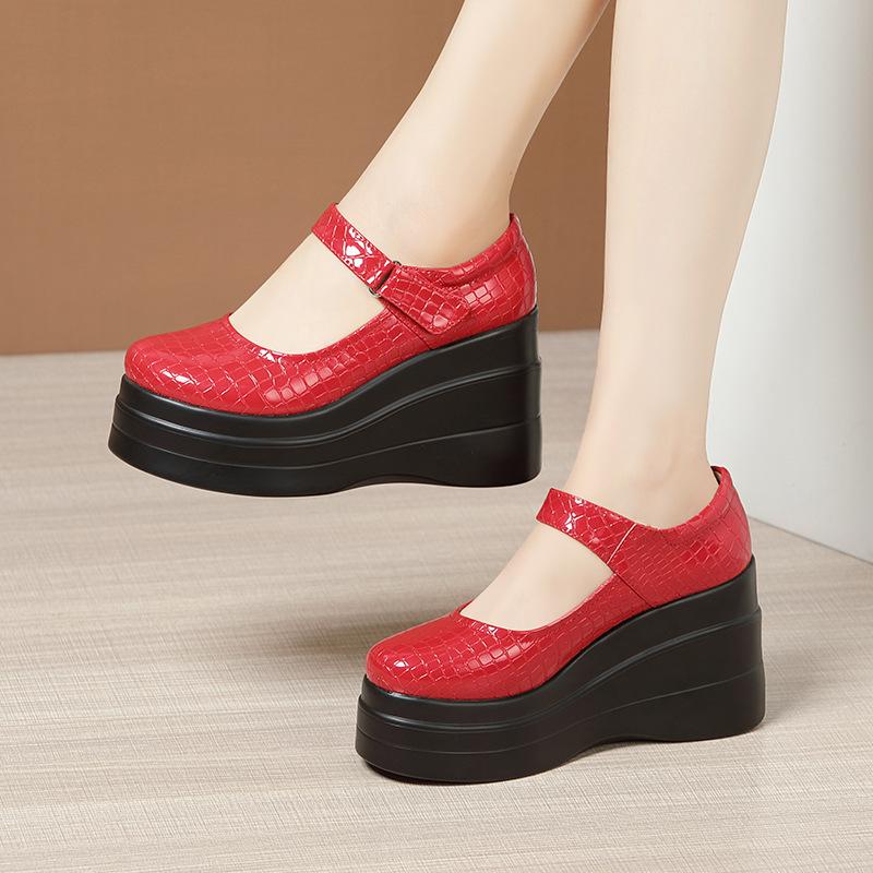 High Heels, Shallow Mouth, Single Shoes, Women's 2025 New Waterproof Platform, Lacquer Leather, Large Size Work Shoes